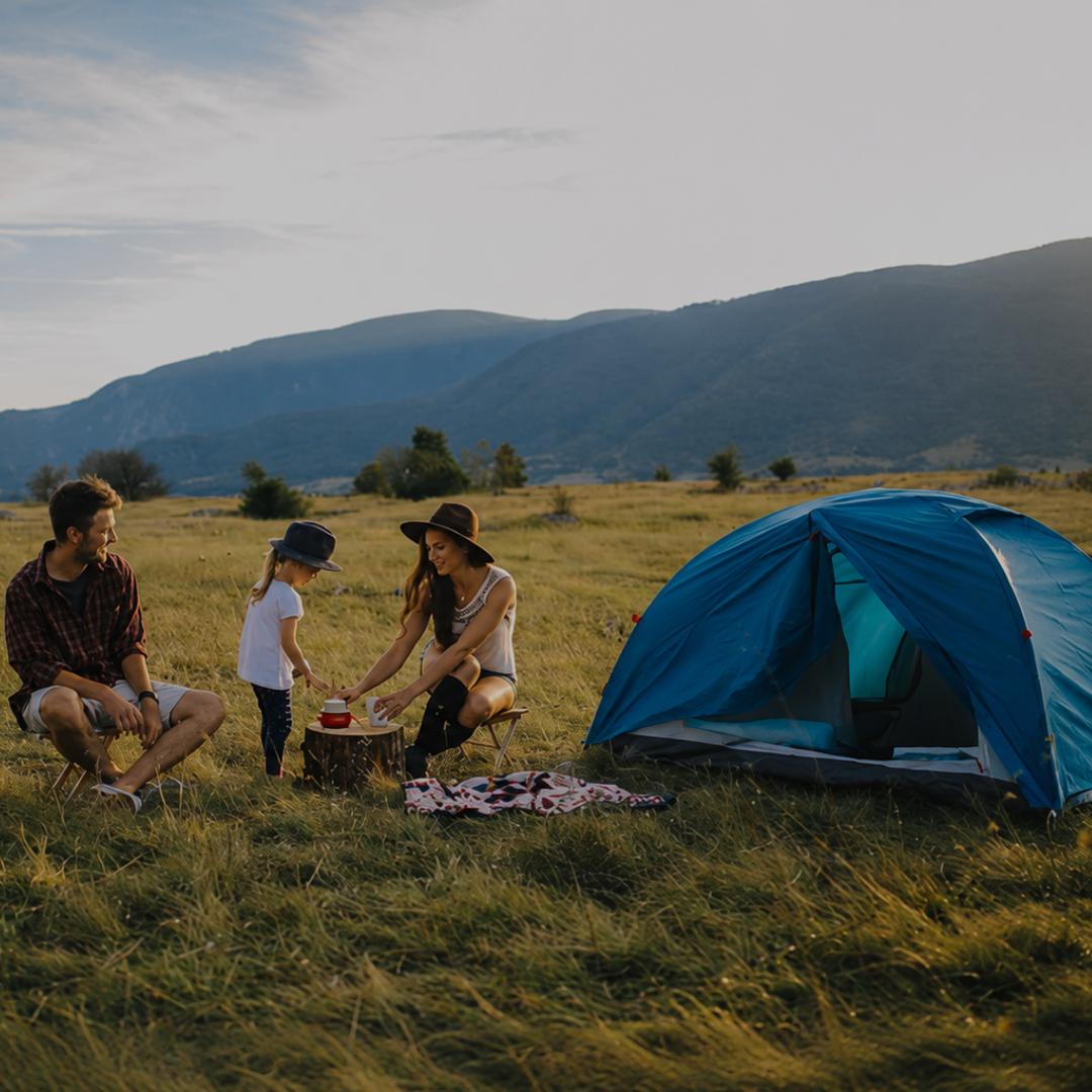 A family of four is camping outdoors in a grassy field with mountains in the background. A bright blue dome tent is pitched on the right, and the adults and child are gathered around a small table on the left.