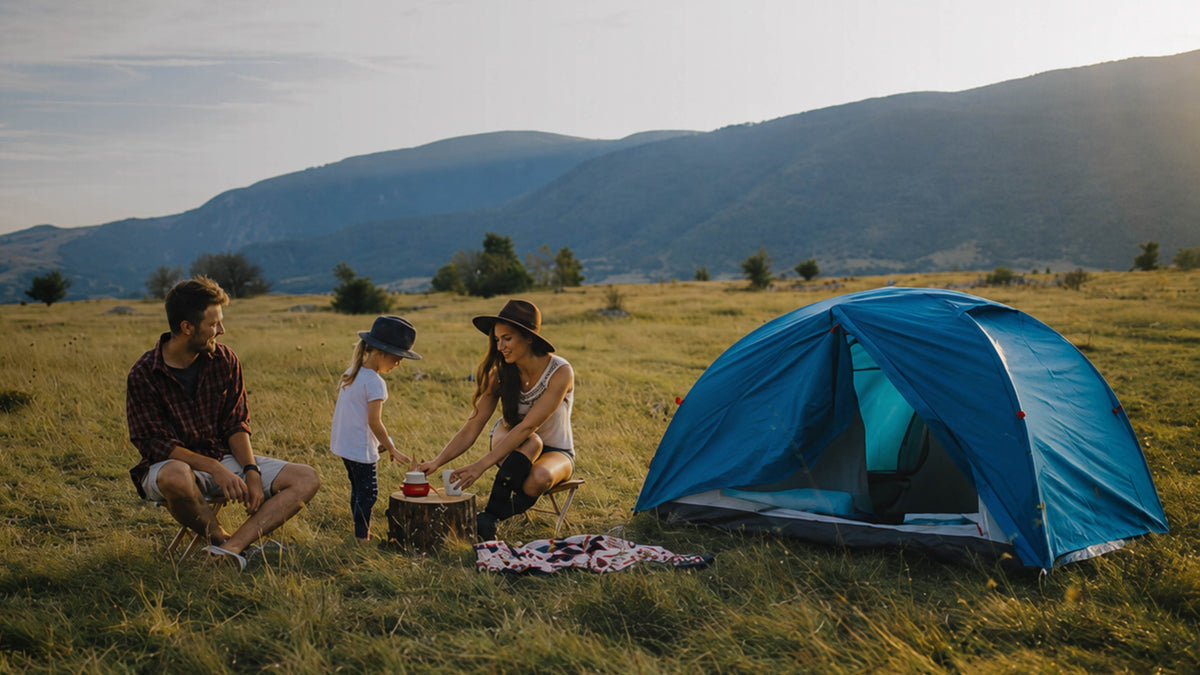 A family of three is camping outdoors in a grassy field with mountains in the background, next to a bright blue dome tent.