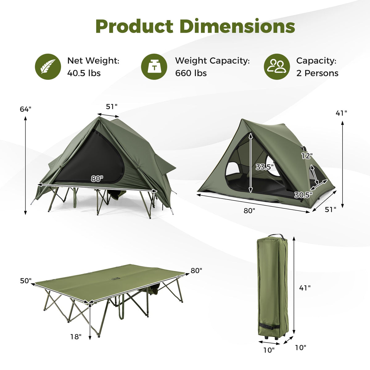 Foldable 2 Person Camping Cot Tent Pop Up