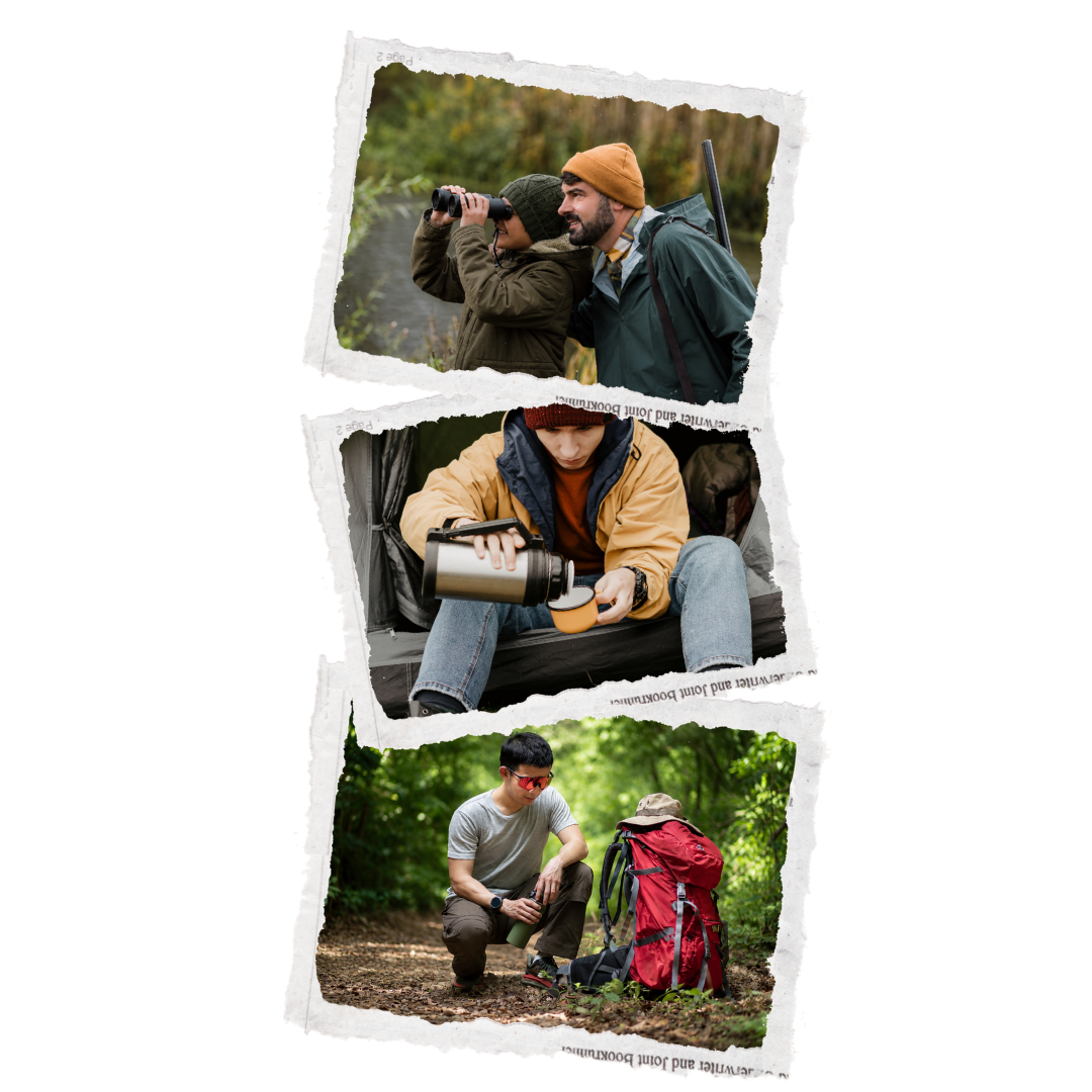 Three torn-edge photo panels stacked vertically on a white background, showing outdoor camping and hiking scenes with people using a thermos and a red backpack.