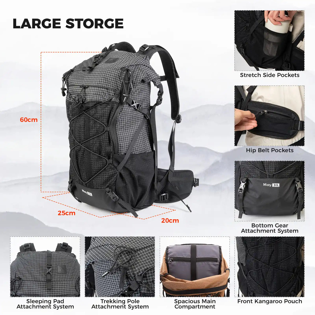 30 35L Lightweight Waterproof Large Capacity Hiking Backpack
